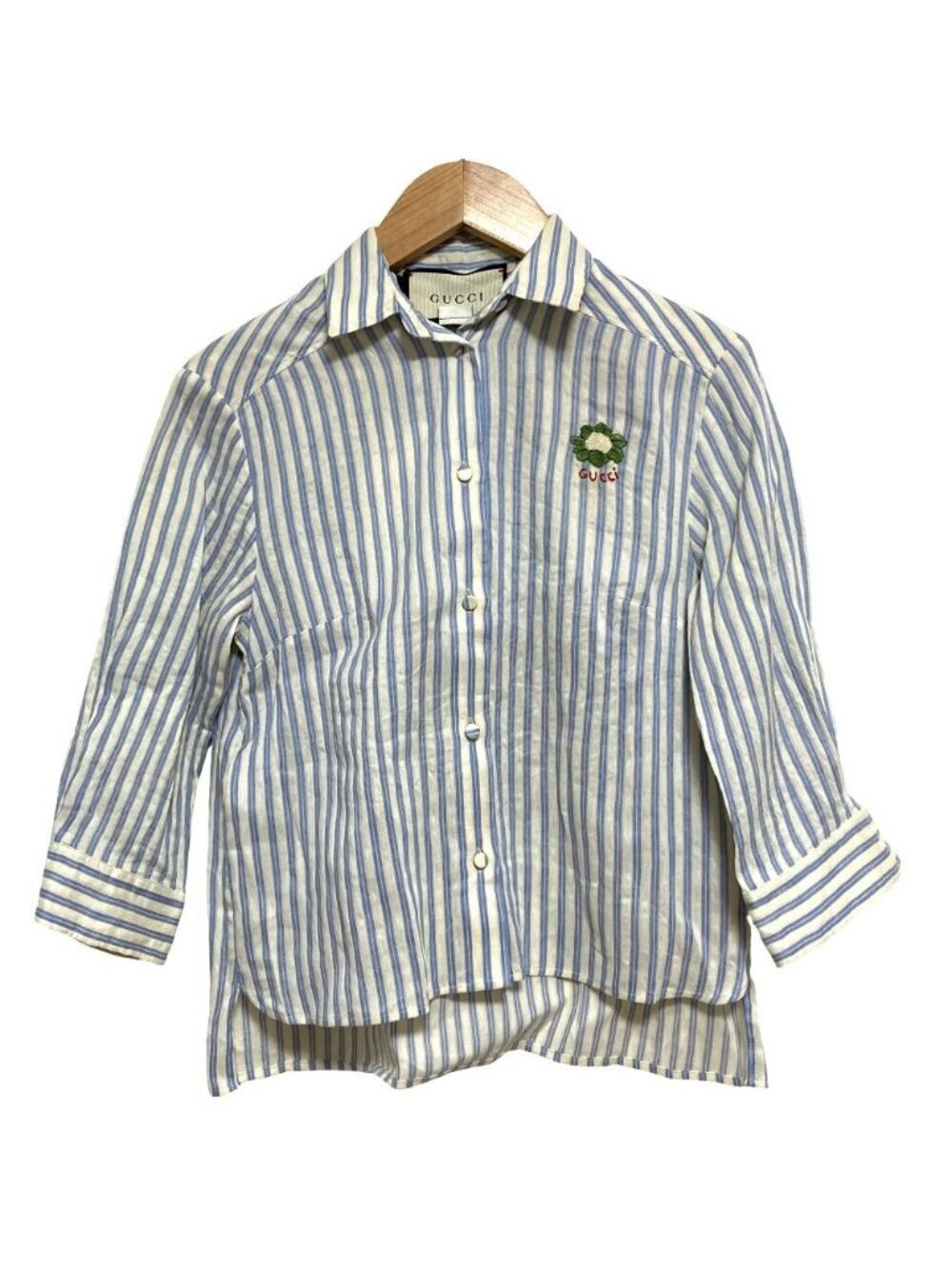Gucci Michele Era Logo Embroidery Striped Pattern Linen Cotton Shirt Blouse 38